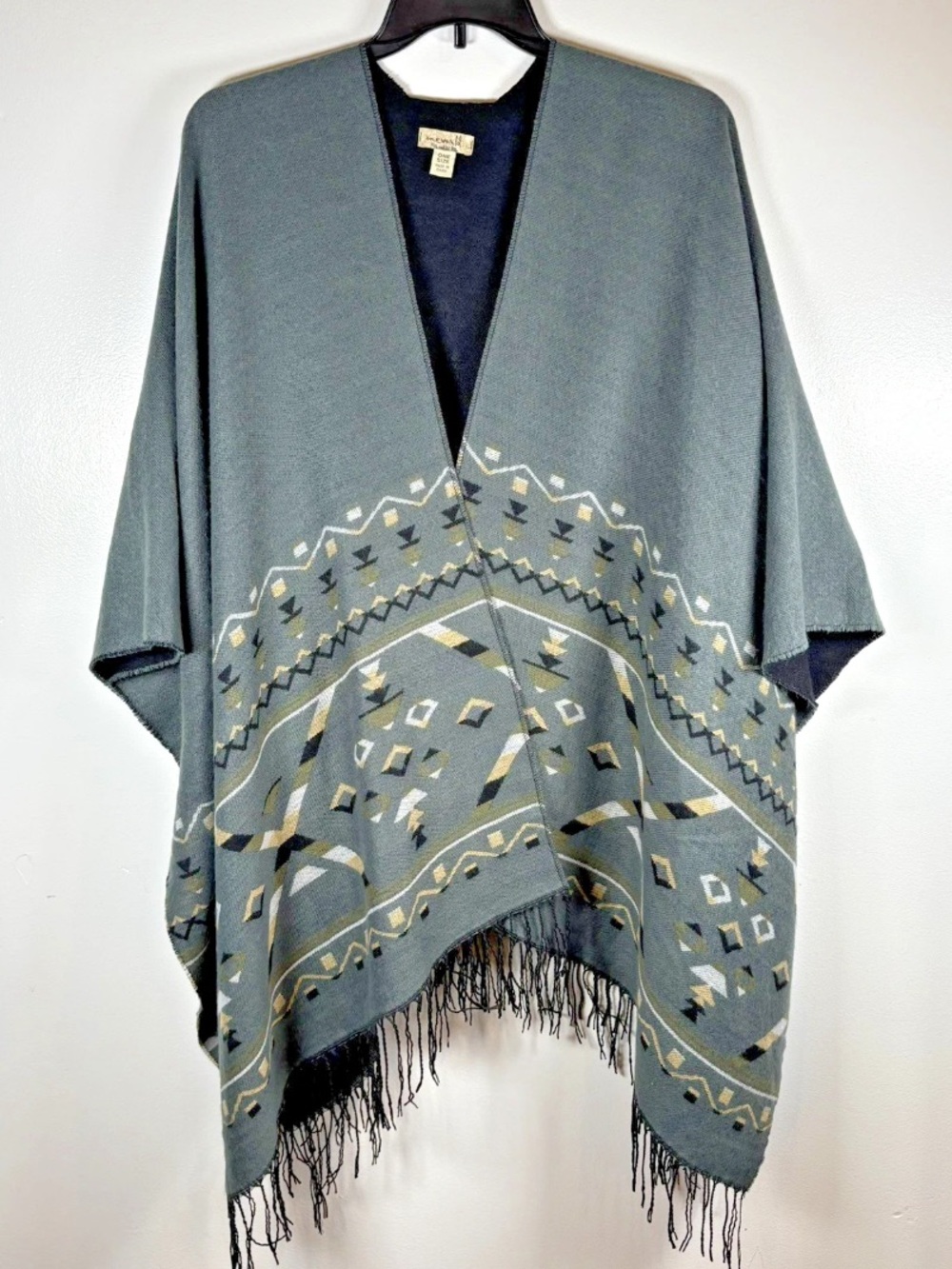 One World Open Knit Poncho Wrap Sweater Womens OS Fringe Southwest Aztec Western